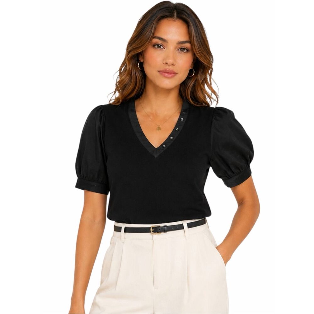 EVEREVE Women’s Black Puff Sleeve V-Neck Knit Blouse Size Small